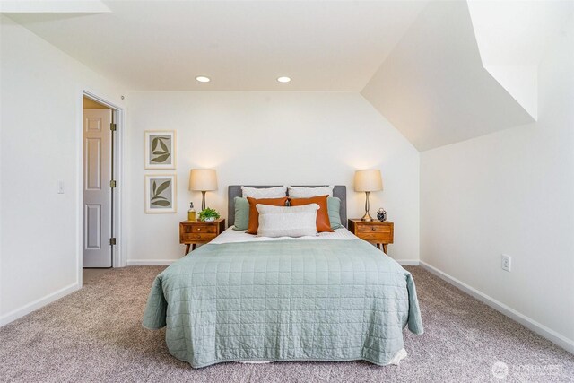 bedroom with carpet, baseboards, and recessed lighting