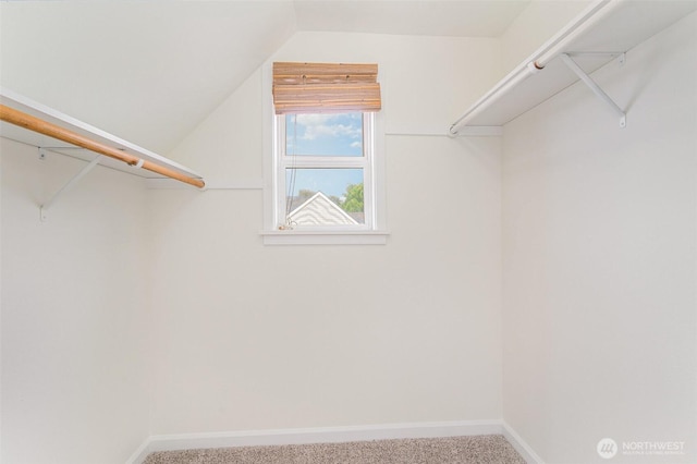 walk in closet featuring carpet flooring and lofted ceiling