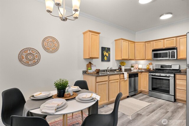 kitchen with stainless steel appliances, light brown cabinetry, dark countertops, ornamental molding, and a sink