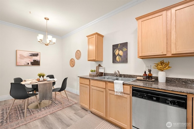 kitchen featuring stainless steel dishwasher, light brown cabinetry, a sink, crown molding, and light wood-type flooring