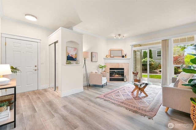 living area featuring ornamental molding, light wood-style flooring, a fireplace, and baseboards