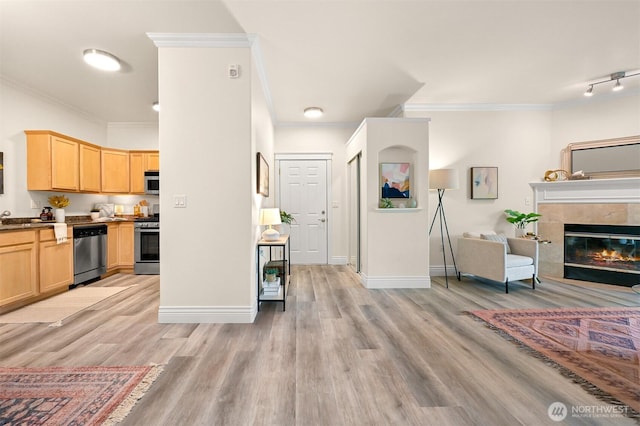 living area with crown molding, light wood-style flooring, baseboards, and a fireplace