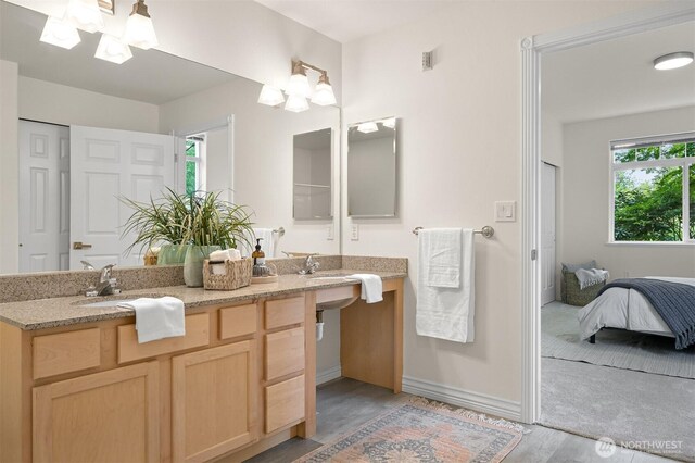 full bathroom featuring wood finished floors, baseboards, and double vanity