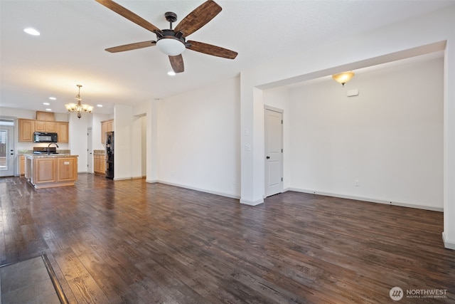 15325 NE 106th St, Vancouver, WA 98682 - unfurnished living room featuring a chandelier, dark wood-style flooring, recessed lighting, ceiling fan, and a sink