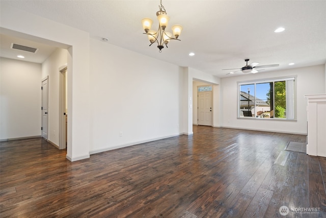15325 NE 106th St, Vancouver, WA 98682 - empty room with dark wood finished floors, a chandelier, a ceiling fan, recessed lighting, and baseboards