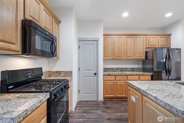 15325 NE 106th St, Vancouver, WA 98682 - kitchen featuring black appliances, dark wood-style flooring, recessed lighting, light brown cabinets, and light stone counters