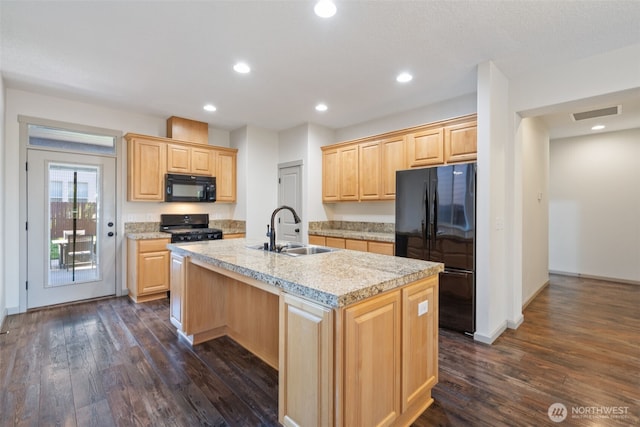 15325 NE 106th St, Vancouver, WA 98682 - kitchen with black appliances, a sink, dark wood-type flooring, light brown cabinetry, and recessed lighting