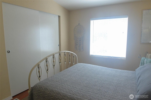 bedroom with a closet and dark wood finished floors