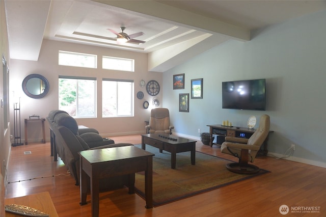 332 Rhododendron Dr, Sequim, WA 98382 - living room with light wood finished floors, a ceiling fan, and baseboards
