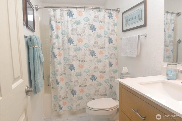 332 Rhododendron Dr, Sequim, WA 98382 - bathroom with toilet, vanity, and shower / tub combo with curtain