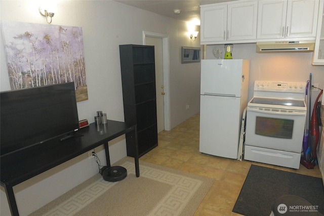 332 Rhododendron Dr, Sequim, WA 98382 - kitchen with white appliances, ventilation hood, white cabinets, and a desk