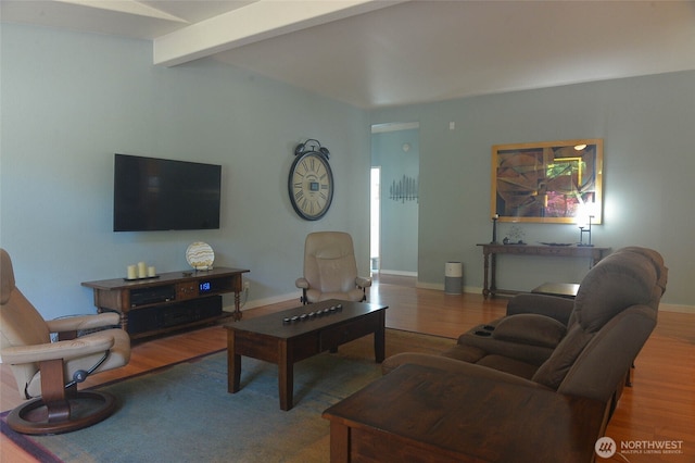332 Rhododendron Dr, Sequim, WA 98382 - living room with wood finished floors and beam ceiling