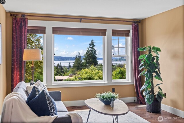 1533 S Sunset Dr, Tacoma, WA 98465 - living area with baseboards, wood finished floors, and a water view