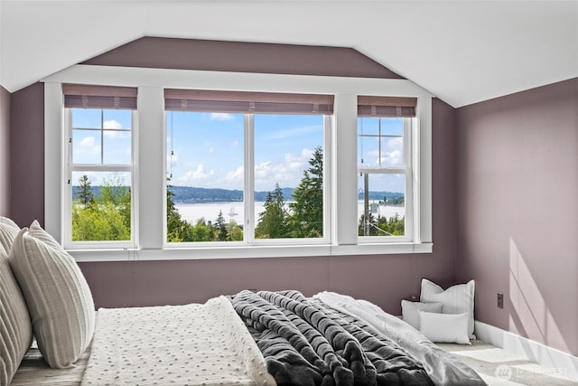 1533 S Sunset Dr, Tacoma, WA 98465 - bedroom with multiple windows, vaulted ceiling, and a water view