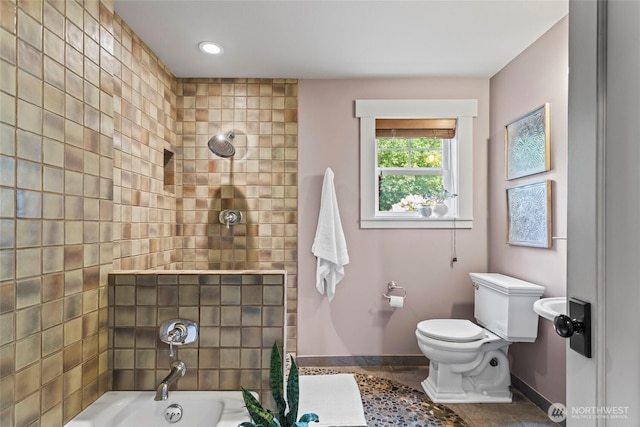 1533 S Sunset Dr, Tacoma, WA 98465 - bathroom with baseboards, a shower, toilet, and a bathtub