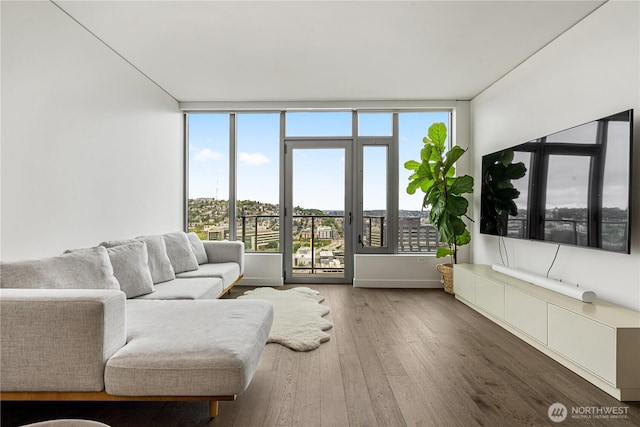 living area featuring plenty of natural light, wood finished floors, and baseboards