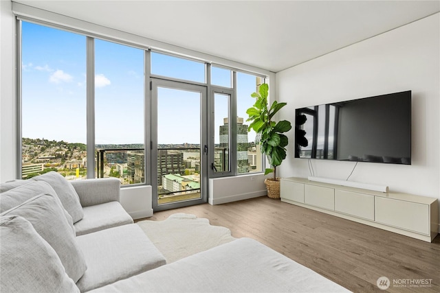 living room with wood finished floors, healthy amount of natural light, and baseboards