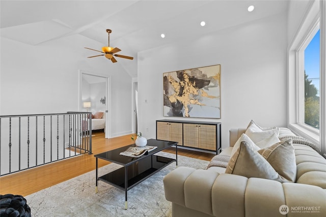 3112 13th Ave S, Seattle, WA 98144 - living area with wood finished floors, lofted ceiling, ceiling fan, recessed lighting, and baseboards