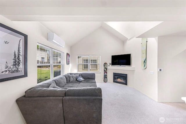 living room featuring a wall mounted AC, carpet floors, lofted ceiling, a glass covered fireplace, and baseboards