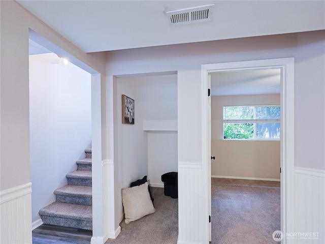 6723 50th Pl NE, Marysville, WA 98270 - stairs featuring wainscoting and carpet flooring