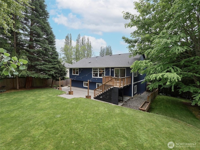 6723 50th Pl NE, Marysville, WA 98270 - back of house featuring stairway, a patio, roof with shingles, and a deck