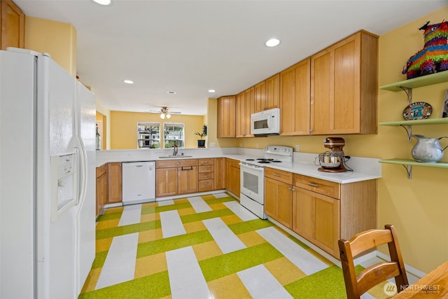 2758 Mcneil St, Dupont, WA 98327 - kitchen featuring white appliances, a sink, recessed lighting, light countertops, and open shelves