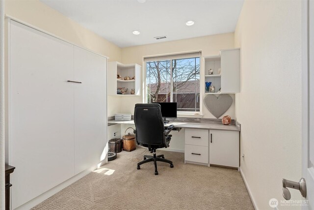 office area featuring light carpet, recessed lighting, and baseboards
