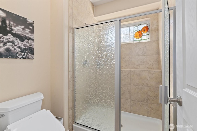 bathroom with a shower stall and toilet