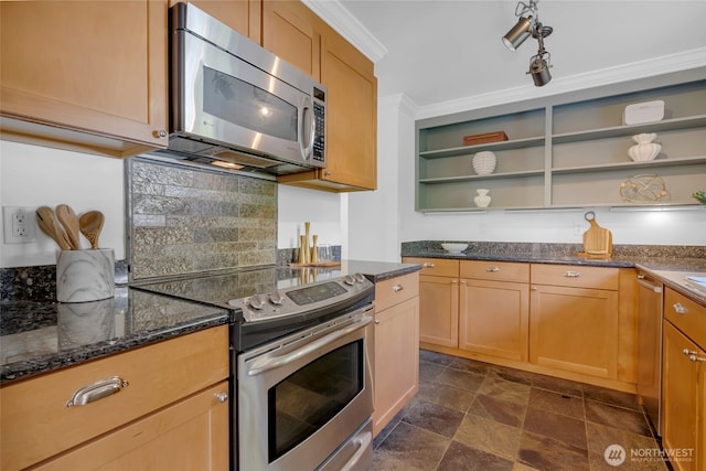 kitchen featuring appliances with stainless steel finishes, open shelves, backsplash, dark stone countertops, and ornamental molding