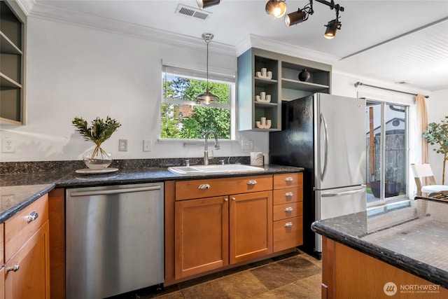 kitchen with open shelves, appliances with stainless steel finishes, a sink, brown cabinetry, and crown molding