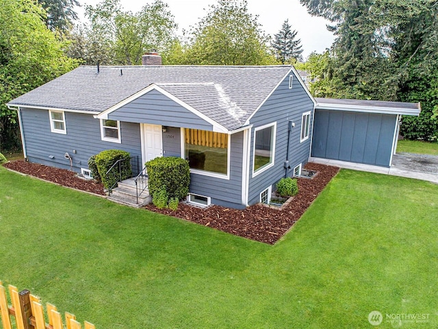 12504 S C St, Parkland, WA 98444 - view of front of house featuring a chimney, a front lawn, and a shingled roof