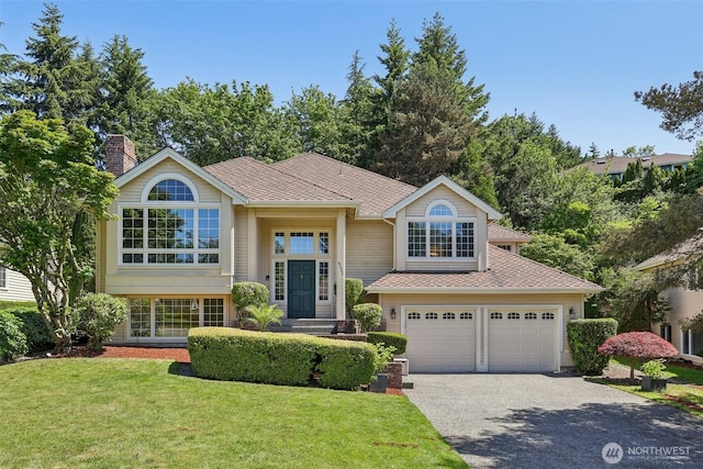 6222 139th Pl SE, Bellevue, WA 98006 - bi-level home featuring driveway, a front lawn, a chimney, and roof with shingles