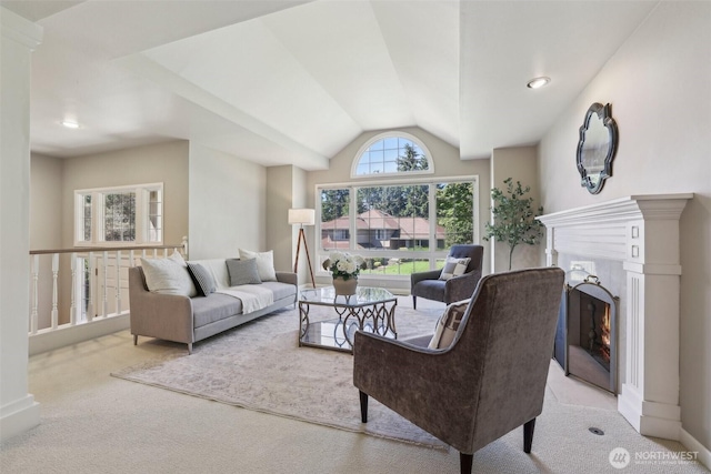6222 139th Pl SE, Bellevue, WA 98006 - carpeted living area featuring lofted ceiling and a lit fireplace