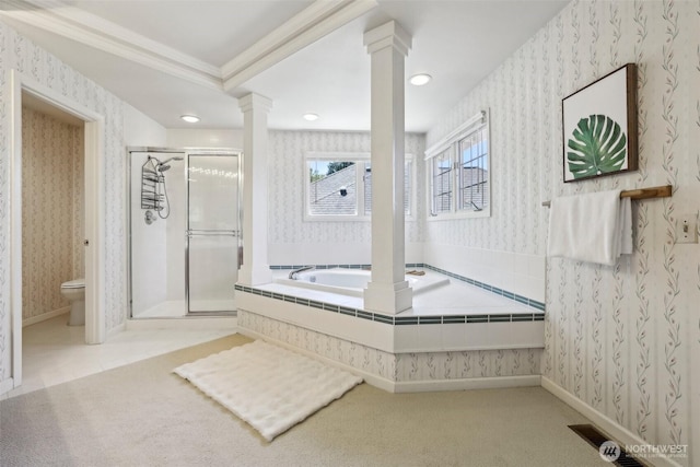 6222 139th Pl SE, Bellevue, WA 98006 - bathroom with decorative columns, wallpapered walls, toilet, a garden tub, and a shower stall