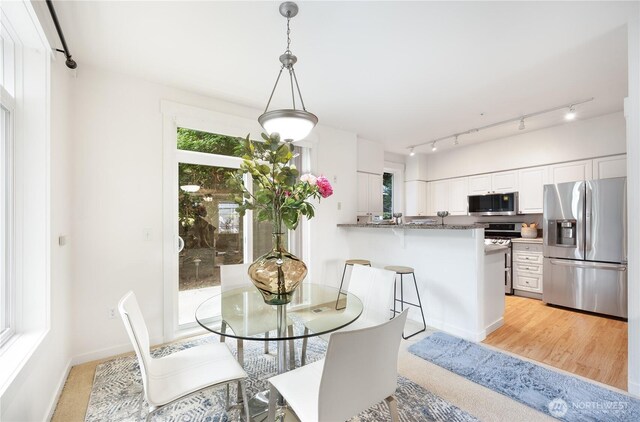 dining room with track lighting and baseboards