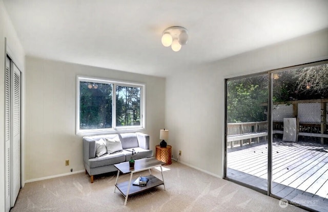 living room featuring baseboards and carpet flooring