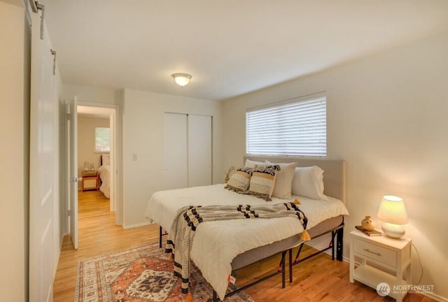 bedroom with light wood finished floors, multiple windows, a closet, and baseboards