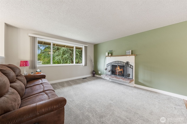 living area with carpet, a brick fireplace, a textured ceiling, and baseboards
