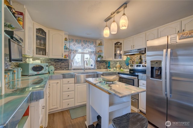 804 Pacific Ave N, Long Beach, WA 98631 - kitchen featuring stainless steel appliances, under cabinet range hood, open shelves, a sink, and light countertops