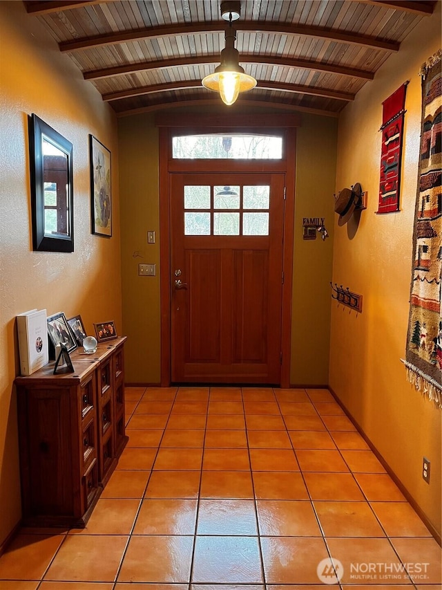1133 Parkridge Dr, Port Townsend, WA 98368 - doorway with light tile patterned floors and wooden ceiling with exposed beams