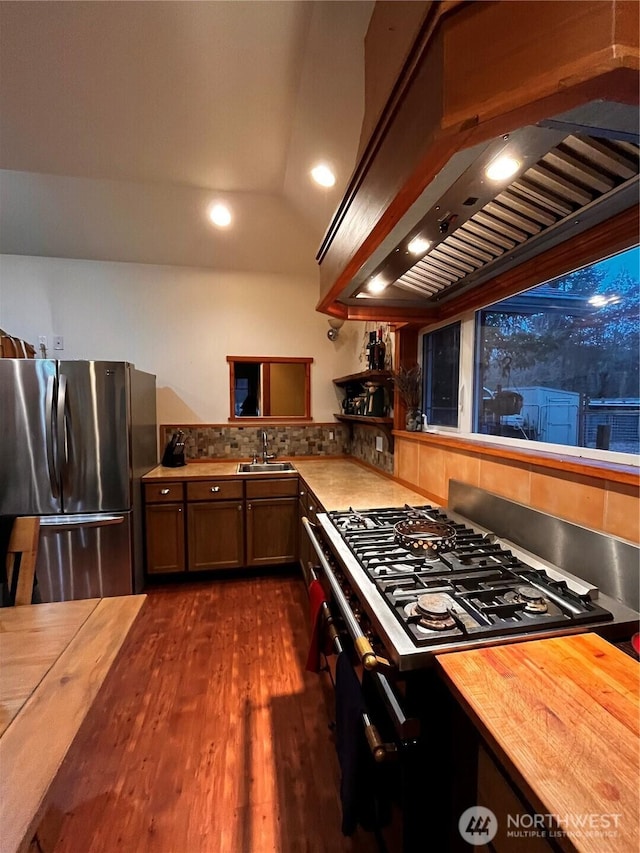 1133 Parkridge Dr, Port Townsend, WA 98368 - kitchen featuring freestanding refrigerator, ventilation hood, dark wood finished floors, a sink, and butcher block countertops