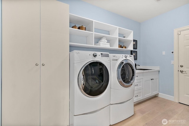 1038 Belfair Rd, Bellevue, WA 98004 - laundry room with light wood-type flooring, separate washer and dryer, and cabinet space