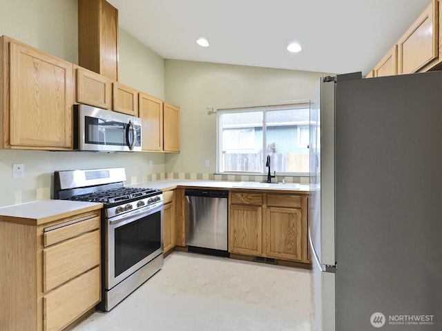 16312 72nd Ave E, Puyallup, WA 98375 - kitchen featuring appliances with stainless steel finishes, a sink, light brown cabinets, light flooring, and recessed lighting