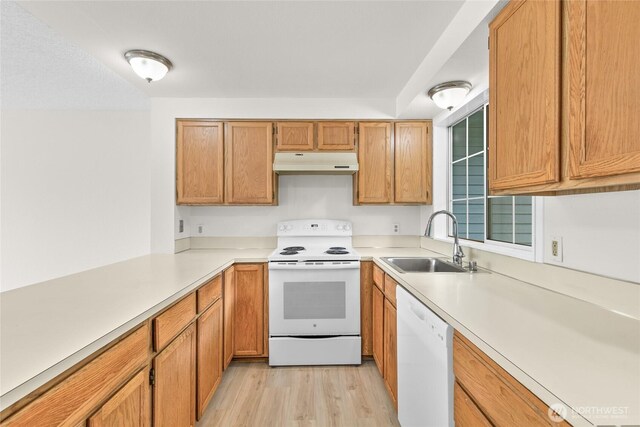 kitchen with white appliances, under cabinet range hood, a sink, and light countertops