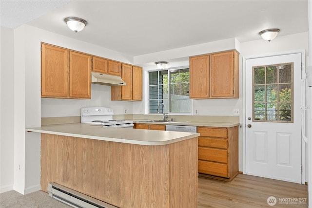 kitchen featuring white appliances, under cabinet range hood, a sink, a peninsula, and light countertops