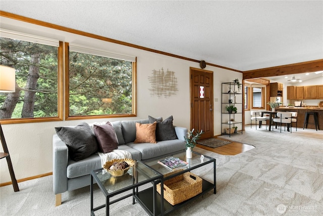 12013 Exeter Ave NE, Seattle, WA 98125 - living area featuring light colored carpet, baseboards, and ornamental molding