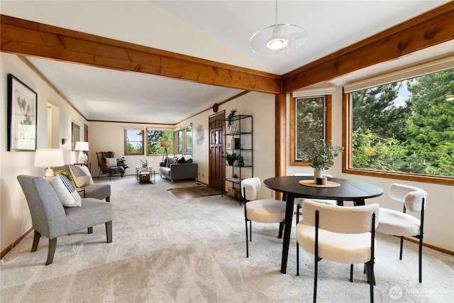 12013 Exeter Ave NE, Seattle, WA 98125 - dining area featuring light carpet, lofted ceiling, baseboards, and ornamental molding