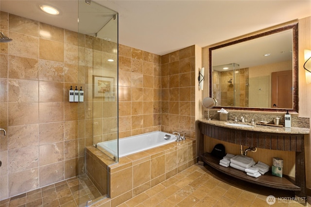 3600 Suncadia Trl Unit 2059, Cle Elum, WA 98922 - full bath featuring a tile shower, a sink, a bath, and tile walls