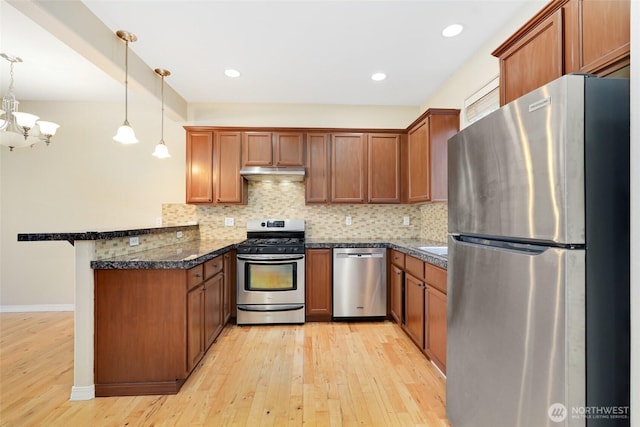 24045 40th Ln SE, Bothell, WA 98021 - kitchen featuring appliances with stainless steel finishes, under cabinet range hood, a peninsula, brown cabinets, and recessed lighting