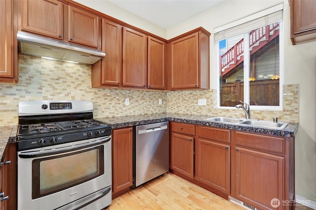 24045 40th Ln SE, Bothell, WA 98021 - kitchen with stainless steel appliances, under cabinet range hood, a sink, light wood-style floors, and dark countertops